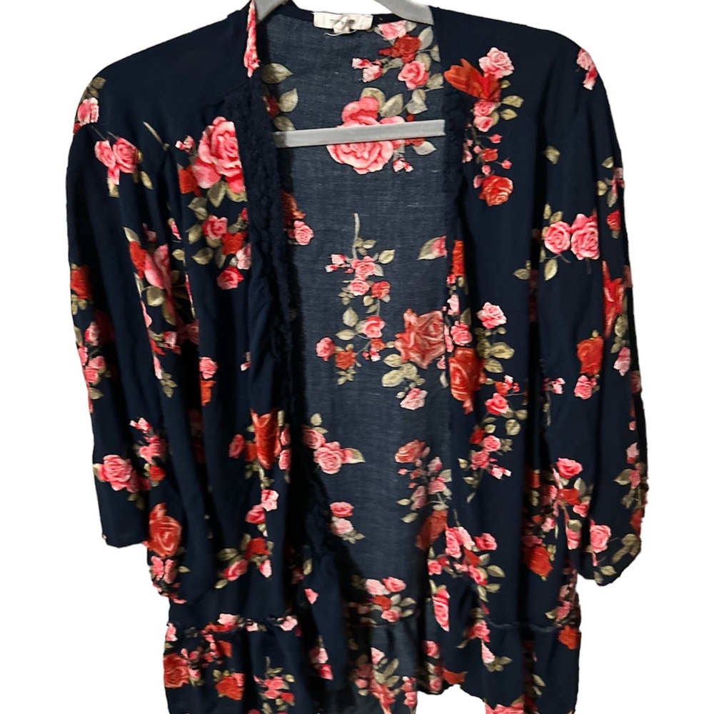 Maurice's navy blue with pink and red flowers kimono size two with lace 100 % Ra